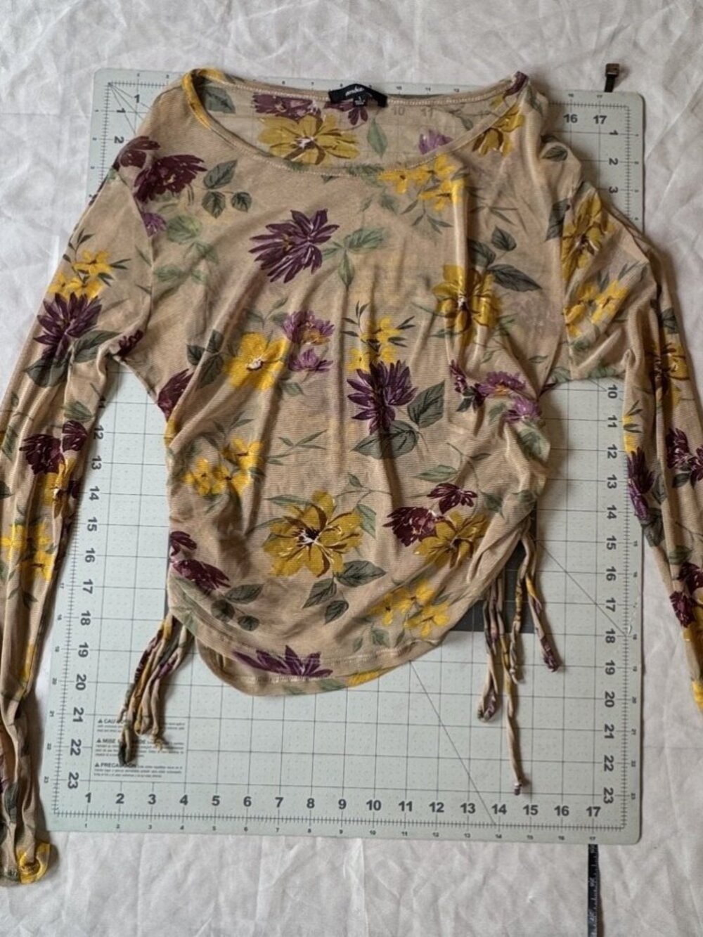 Ambiance Floral Sheer Mesh Long Sleeve Top Ruched Side Drawstring Tan Size L